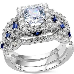 2.5ct Princess Cut 3 PC Diamond Engagement Ring Wedding Band Set Cushion Blue